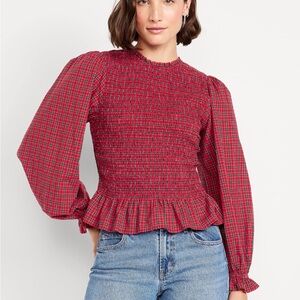 Old Navy Red Plaid Smocked Blouse
